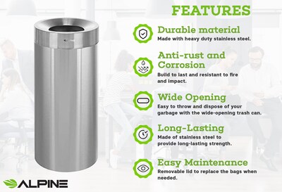 Alpine Industries Stainless Steel Trash Can with Open Lid, 27 Gallon, Silver (ALP475-27)