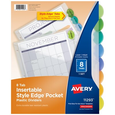 Avery Style Edge Insertable Plastic Dividers with Pocket, 8 Tabs, Multicolored (11293)