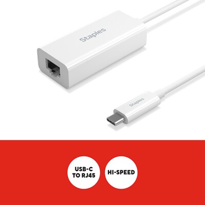 Staples TECH USB-C to Ethernet Adapter, Female to Male, White (ST62369)
