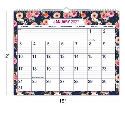 2026-2027 Excello Brands Large Print 12" x 15" Academic Monthly Wall Calendar, Navy Floral (WC-AY26-1215-84)
