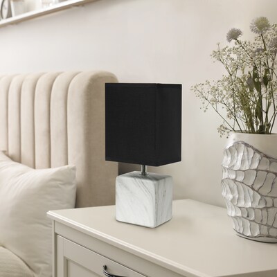 Simple Designs Petite Marbled Ceramic Table Lamp Fabric Shade, White with Black Shade (LT2071-WOB)