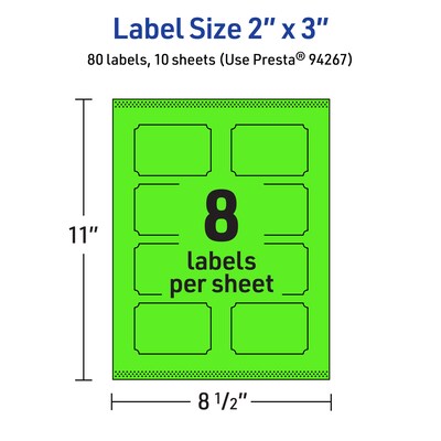 Avery Laser/Inkjet Multipurpose Decorative Edge Labels, 2" x 3", Neon Green, 80/Pack (94267)