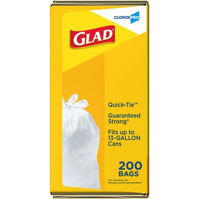Glad Quick Tie Tall 13 Gallon Flap Tie Kitchen Trash Bag, White, 200 Total Bags (15931)