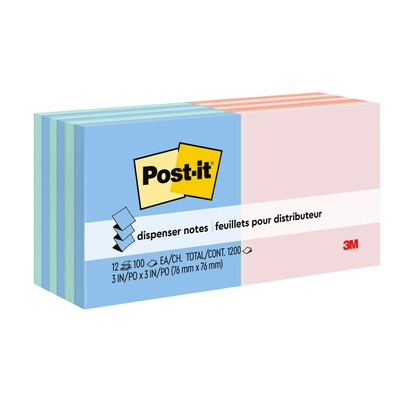 Post-it Pop Up Sticky Notes, 3 x 3 in., 12 Pads, 100 Sheets/Pad, The Original Post-it Note, Alternating Pastel Colors