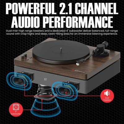 Audiosource AT33 Belt Drive turntable with 2.1 channel 120 watt Bluetooth Speakers, Walnut Woodgrain (AT3345WW)