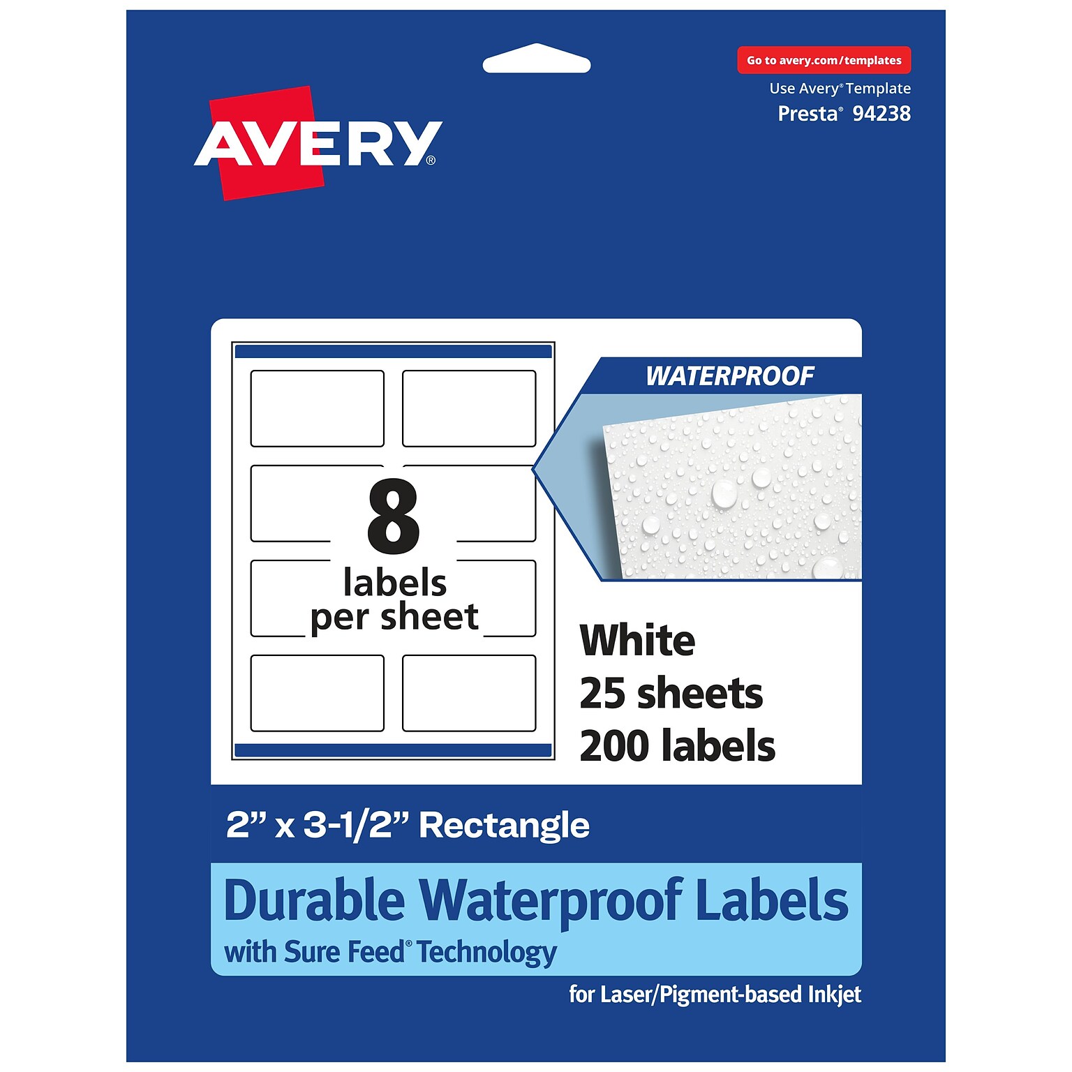 Avery Laser/Inkjet Rectangle Durable Waterproof Labels, 2 x 3.5, White, 200 Labels/Pack (94238)