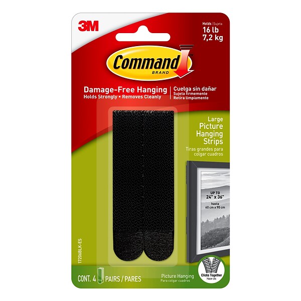 Command™ Large Picture Hanging Strips, Black, 4 Sets (17206BLK-ES)