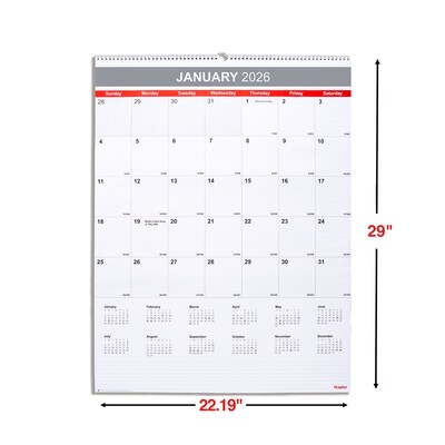 2026 Staples 22.19" x 29" Monthly Wall Calendar, White/Red/Gray (ST63005-26)