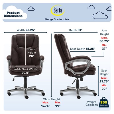 Serta Executive Ergonomic Faux Leather Executive Big & Tall Chair, 350 lb. Capacity, Roasted Chestnut (43502OSS)