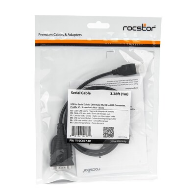 Rocstor 3ft USB-A to DB-9 RS-232 Serial Cable, Male to Male, Black (Y10C877-B1)
