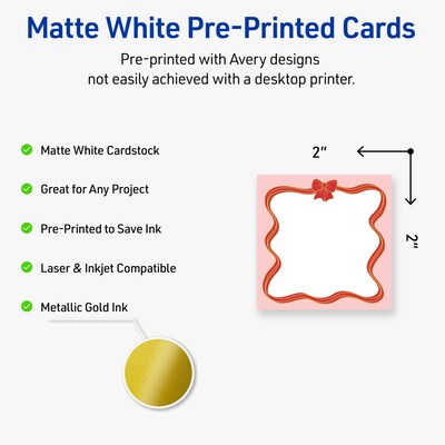 Avery Gold-Pink Bow Matte Blank Card, White, 120/Pack (S00-FFH)