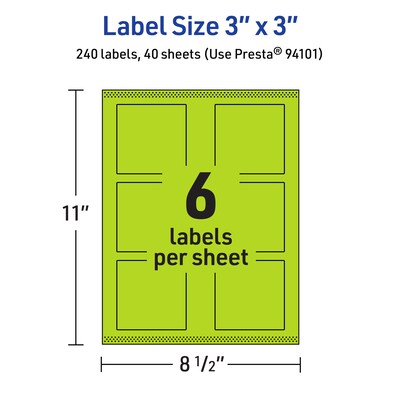 Avery Laser/Inkjet Multipurpose Square Labels, 3" x 3", Bright Green, 240/Pack (94101)