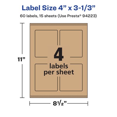Avery Laser/Inkjet Rectangle Multipurpose Labels, 4" x 3-1/3", Kraft Brown, 60 Labels/Pack ( 94223)
