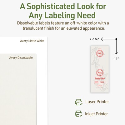 Avery Dissolvable Rectangle Multipurpose Labels, 11" x 4.25", Off-white, 50/Pack (94266)