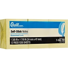 Quill Brand® Self-Stick Notes, 1-3/8 x 1-7/8, Yellow, 100 Sheets/Pad, 12 Pads/Pack (7382YW)