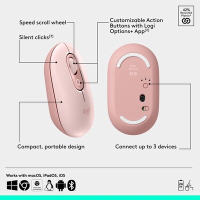 Logitech POP Wireless Ambidextrous Optical Mouse, Rose (910-007409)