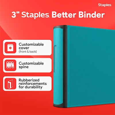 Staples 3 3-Ring Better Binder, D-Ring, Teal (ST55891-CC)