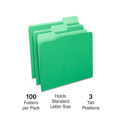 Quill Brand® File Folders, Assorted Tabs, 1/3-Cut, Letter Size, Green, 100/Box (740913BGR)