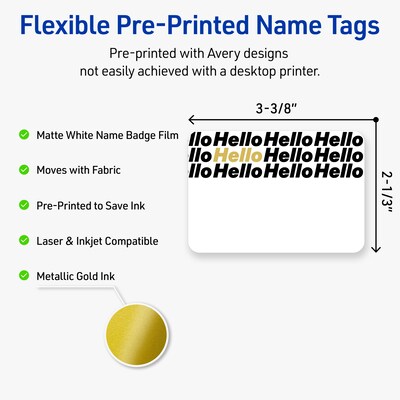 Avery Adhesive Name Tags, Pre-printed Gold/Black Hello Design