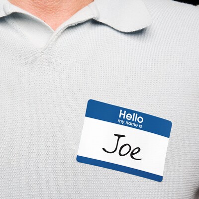 Avery "Hello My Name Is" Name Badge Labels, 2 1/3" x 3 3/8", White w/ Blue Hello, 100 Labels Per Pack (5141)