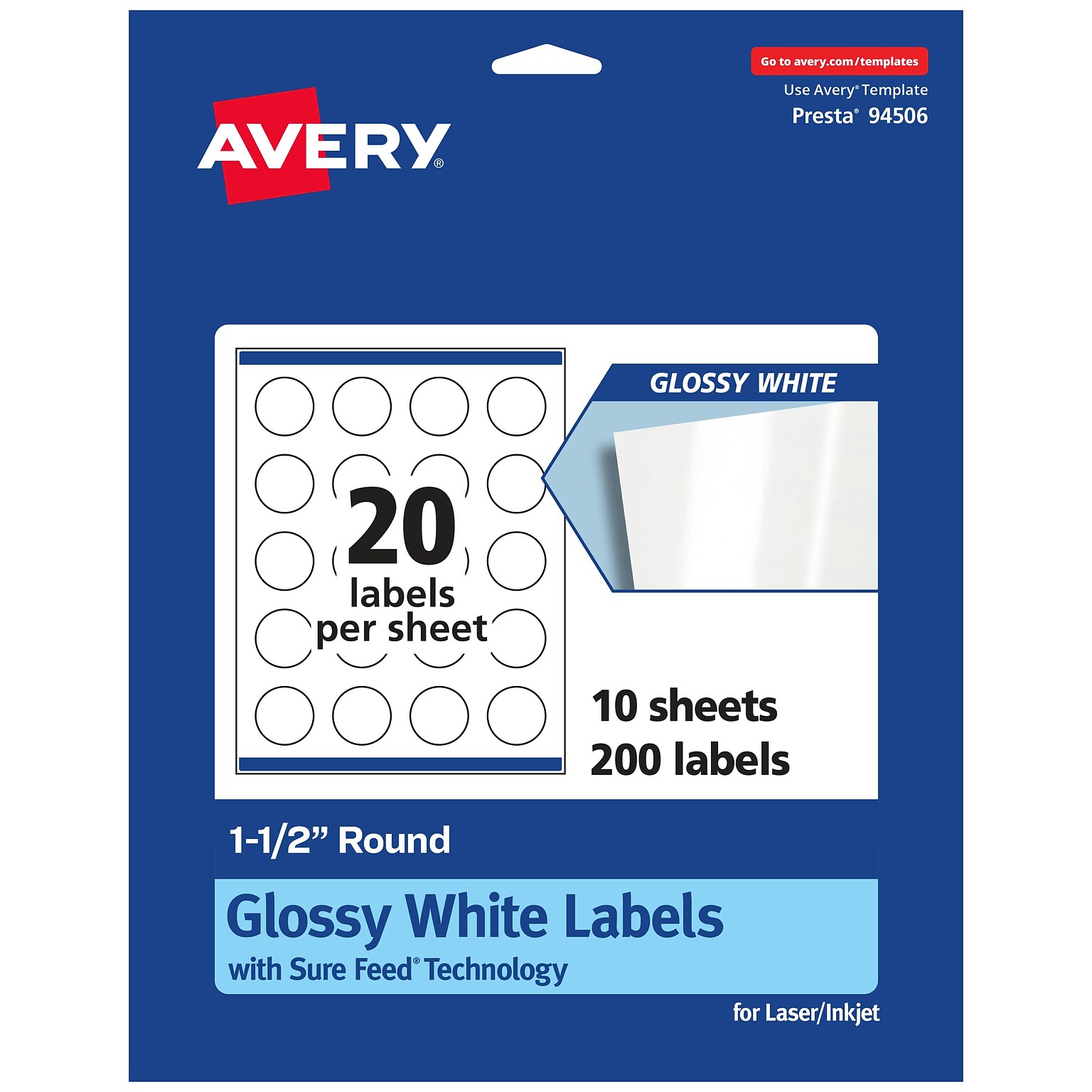 Avery Laser/Inkjet Round Multipurpose Labels, 1.5 Dia, Glossy White, 200 Labels/Pack (94506)