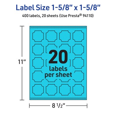 Avery Square Decorative Edge Multipurpose Labels, 1-5/8" x 1-5/8", Bright Blue, 400/Pack (94110)