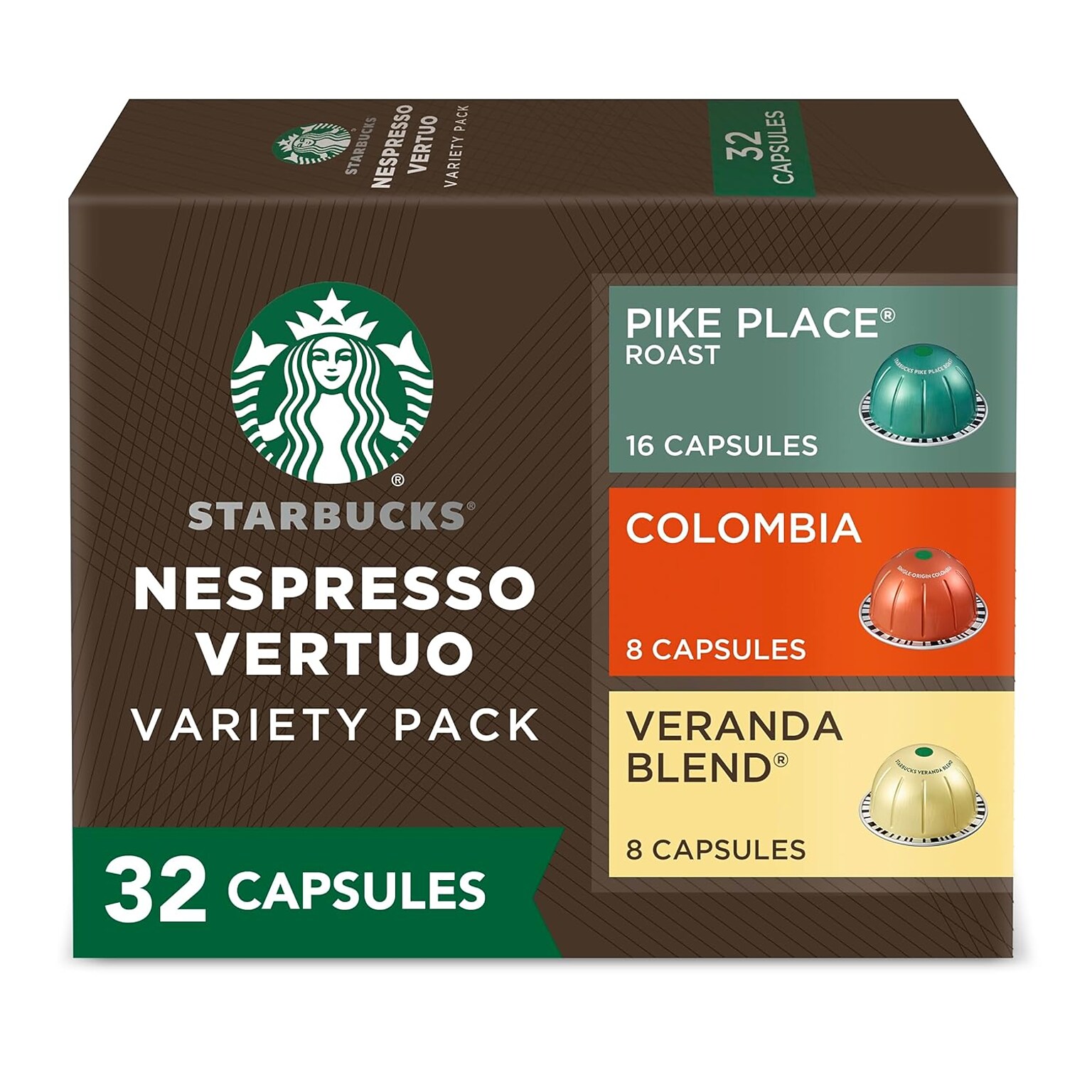 Starbucks Variety Pack Coffee Nespresso Vertuo Capsules, 32/Box (117671)