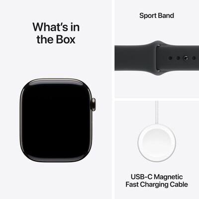 Apple Watch Series 11 GPS + Cellular Smartwatch, 46mm, Slate Titanium Case with Black Sport Band, Medium/Large (MFD24LW/A)