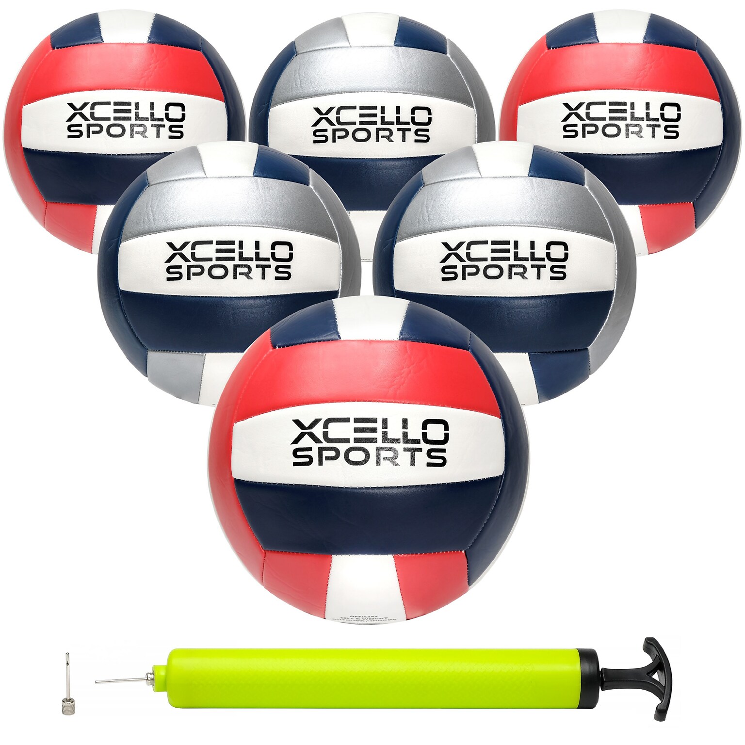 Xcello Sports Volleyballs with Pump, Navy/Silver and Navy/Red, 6/Pack (XS-VB-6-ASST-2)