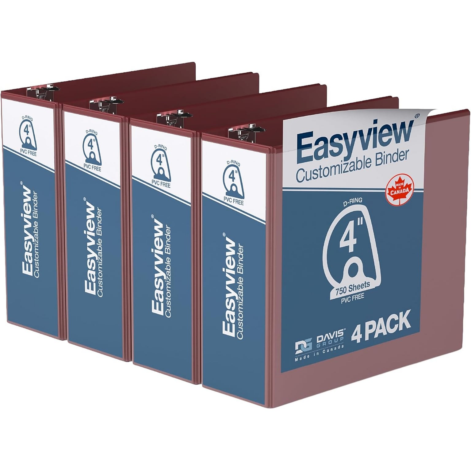 Davis Group Easyview Premium 4 Angle D Ring, Customizable, View Binder, Burgundy, 4/Pack (8406-08