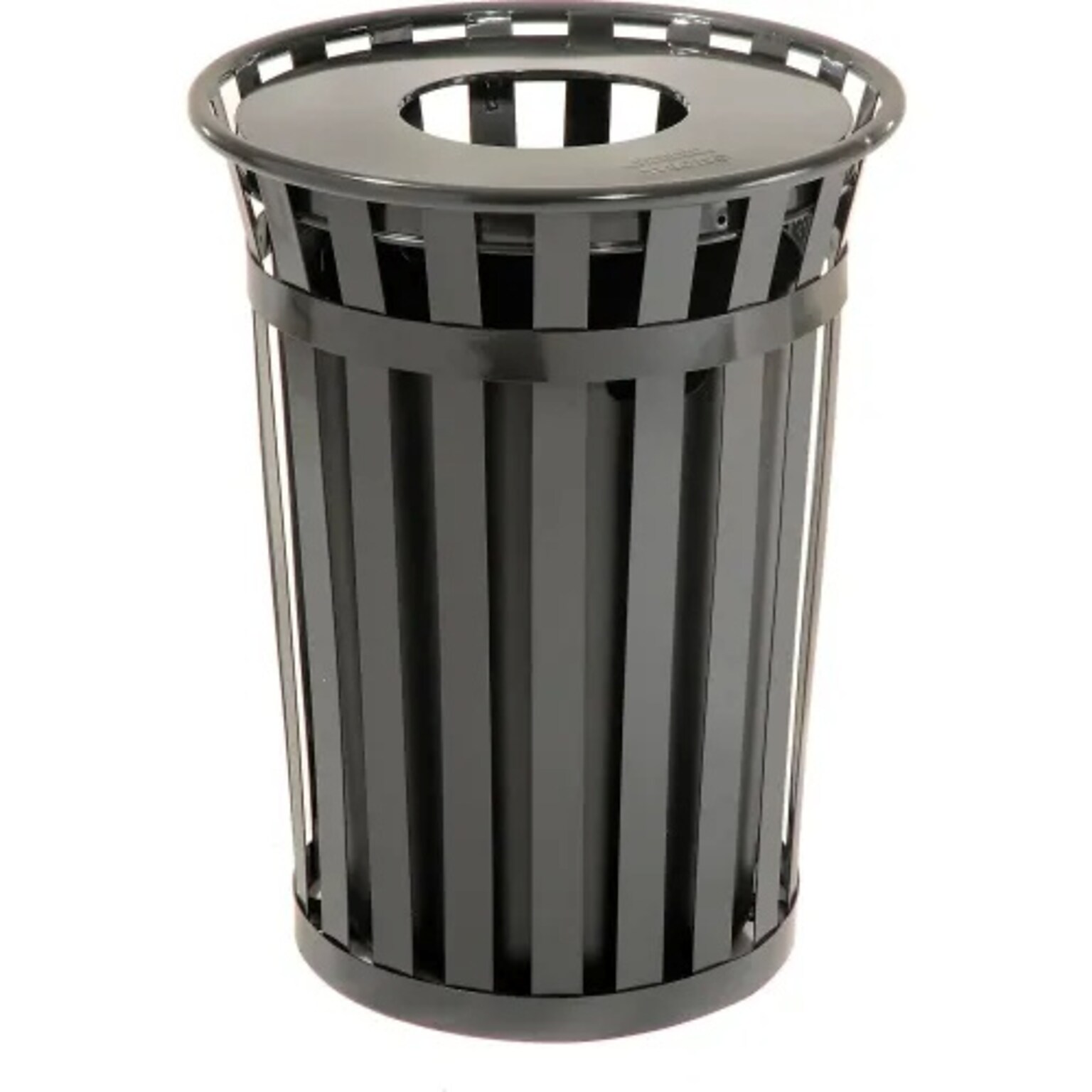 Global Industrial Outdoor Slatted Steel Trash Can w/ Flat Lid, 36 Gallon, Black (237726BK)