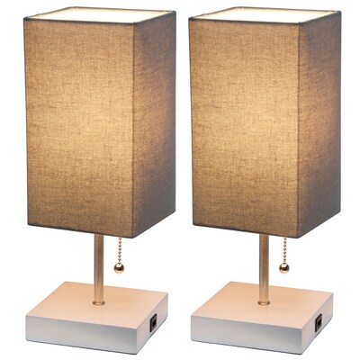 Simple Designs Petite White Stick Lamp with USB Charging Port and Fabric Shade, Gray, 2/Pack (LC2004