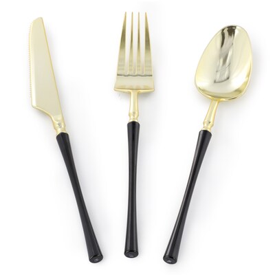 Round Elama Plastic Dinnerware Set, Black/Golg, 150 Piece (935123351M)