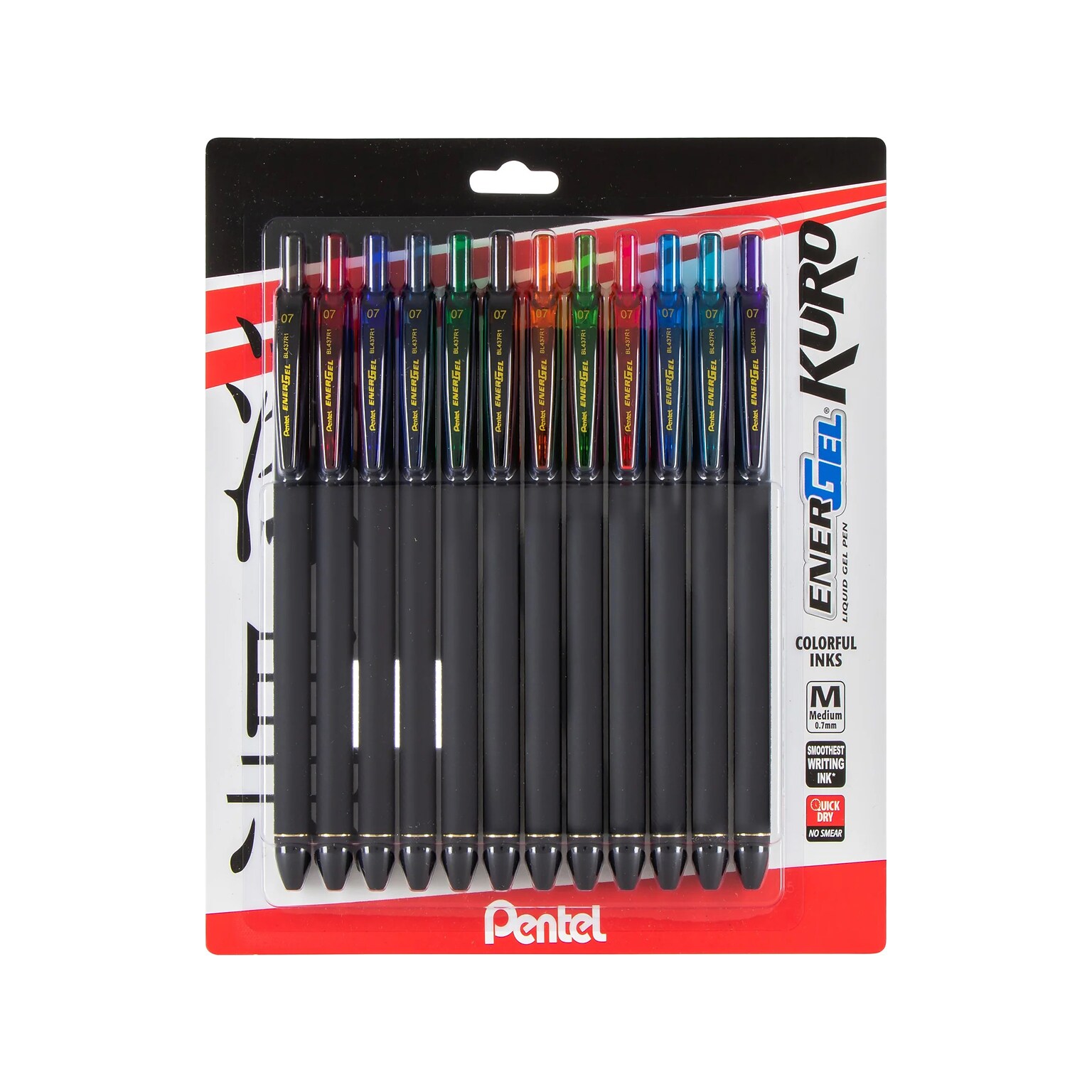 Pentel EnerGel Kuro Retractable Gel Pens, Medium Point, Assorted Colors Inks, 12/Pack (BL437R1BP12M)