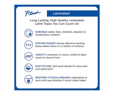 Brother P-touch TZe Laminated Label Tape, 0.35" x 26.2', White (TZE221G)