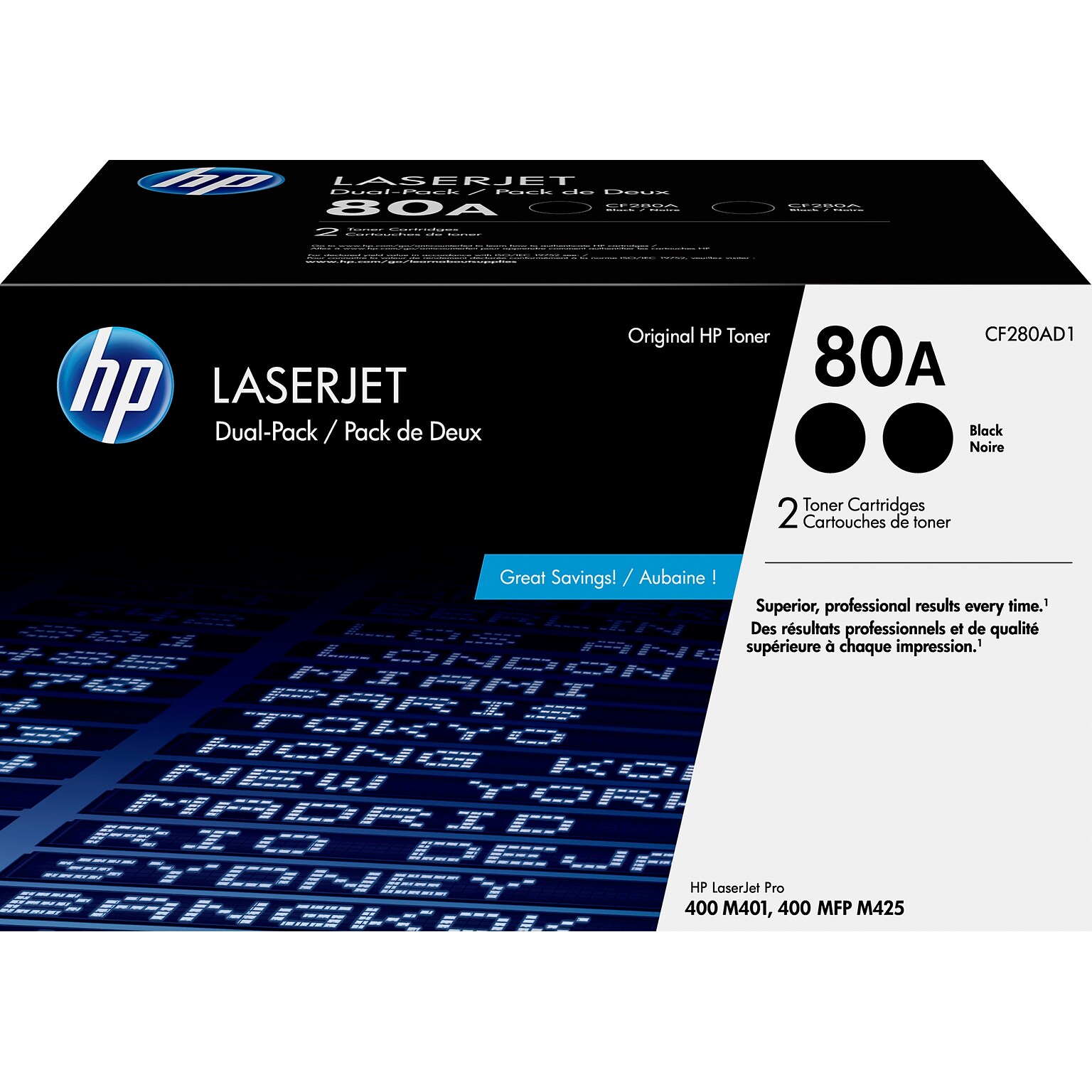 HP 80A Black Standard Yield Toner Cartridge, 2/Pack (CF280AD1)