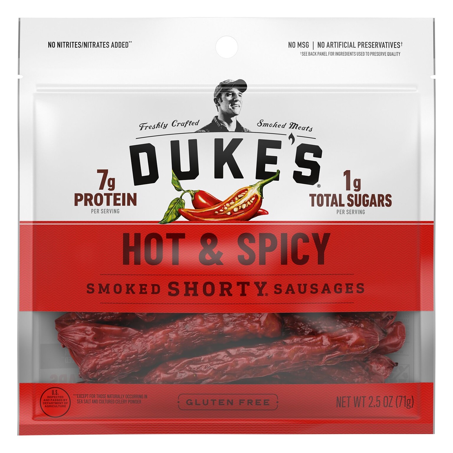 Dukes Hot and Spicy Smoked Shorty Sausages, 2.75 oz., 7 Bags/Carton (GOV02268)