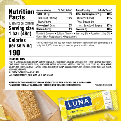 Luna Gluten Free Lemon Zest Nutrition Bar, 1.69 oz., 15 Bars/Box (CCC210004)