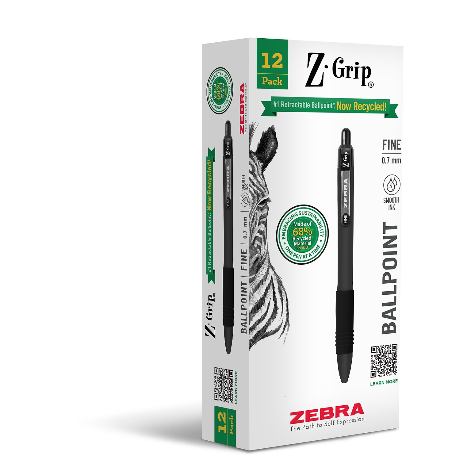 Zebra Z-Grip Retractable Ballpoint Pens, Fine Point, 0.7mm, Black Ink, 12/Pack (20710)