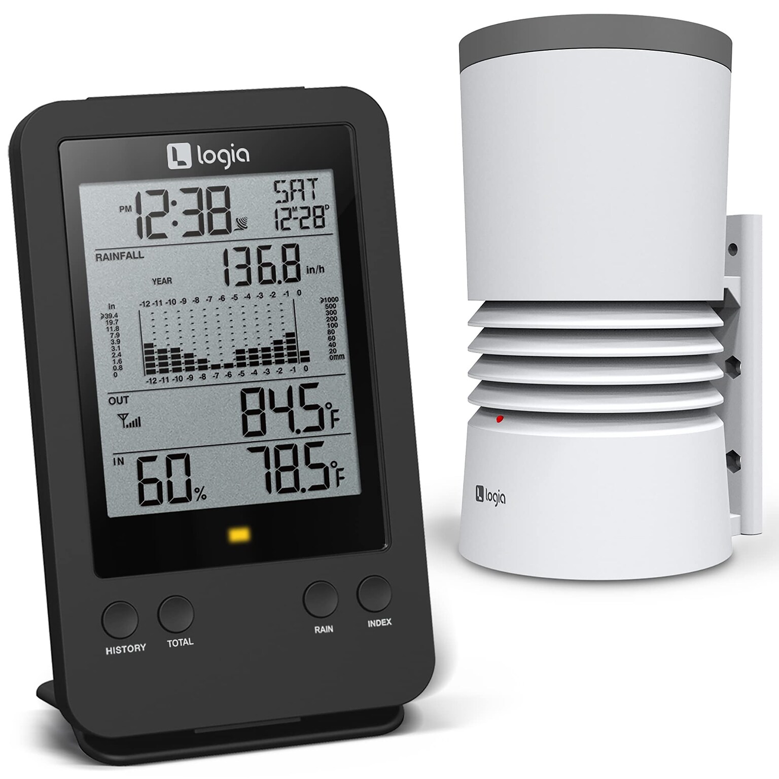 Logia 3-in-1 Rain Gauge Weather Station w/ Temperature & Humidity, Indoor/Outdoor Weather Station (LOWSB315B)