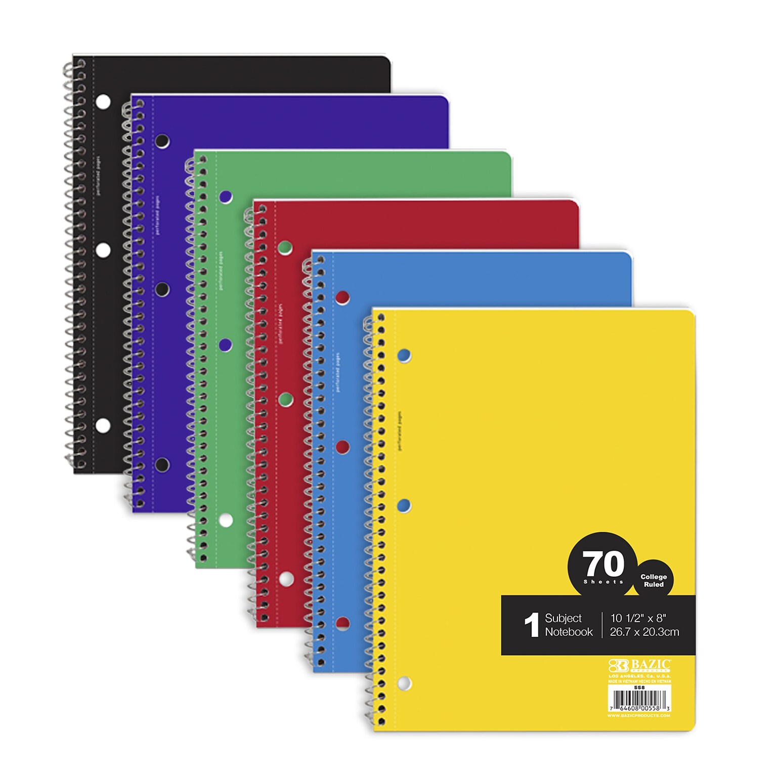Bazic 1-Subject Notebook,College Ruled, 70 Sheets, Assorted Colors (558)