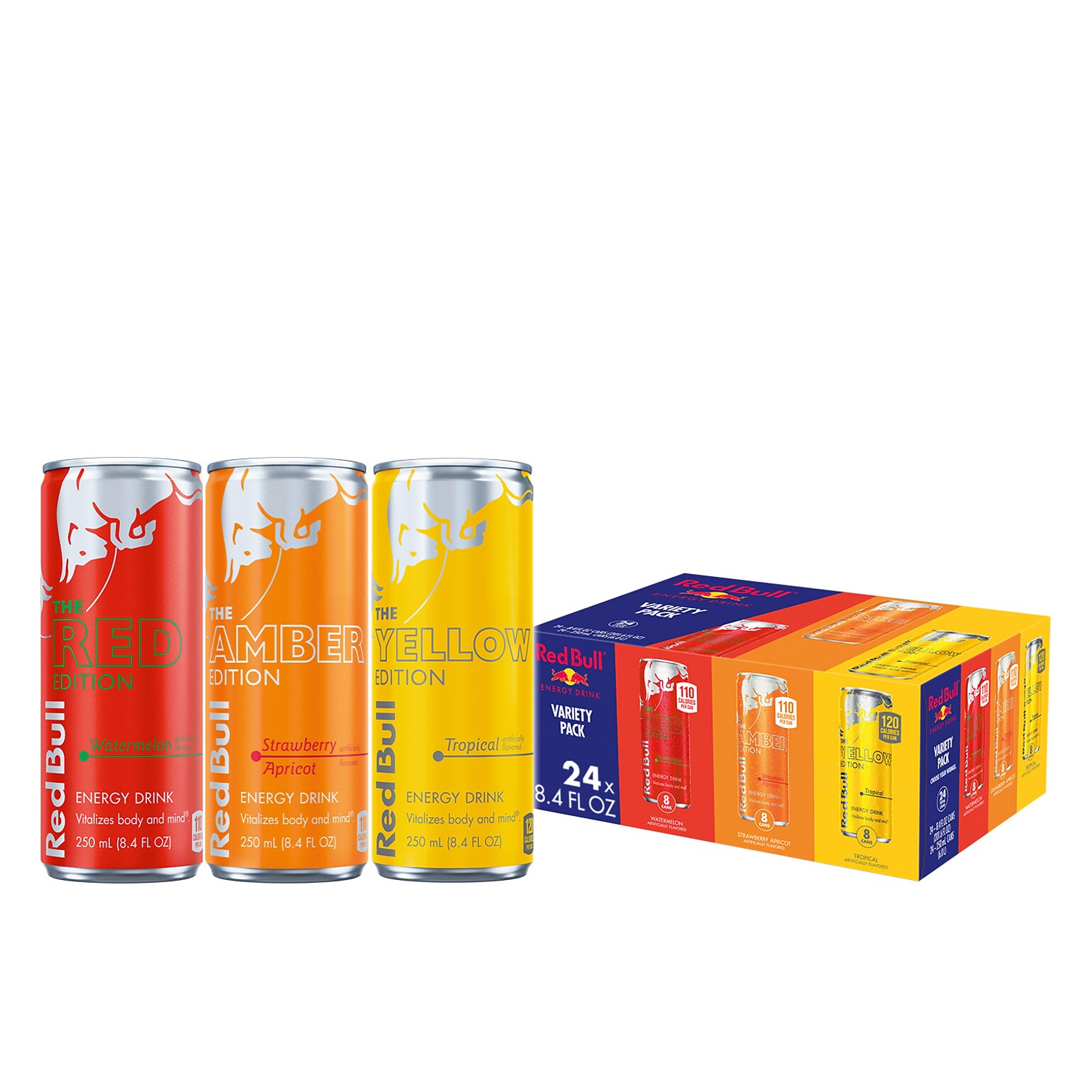 Red Bull Watermelon/Tropical/Strawberry Apricot Energy Drinks, 8.4 fl. oz., 24 Cans/Carton (RB901417)