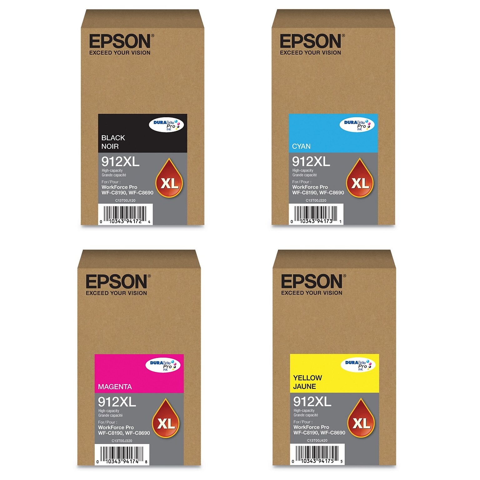 Epson T912XL Black/Cyan/Magenta/Yellow High Yield Ink Cartridge, 4/Pack