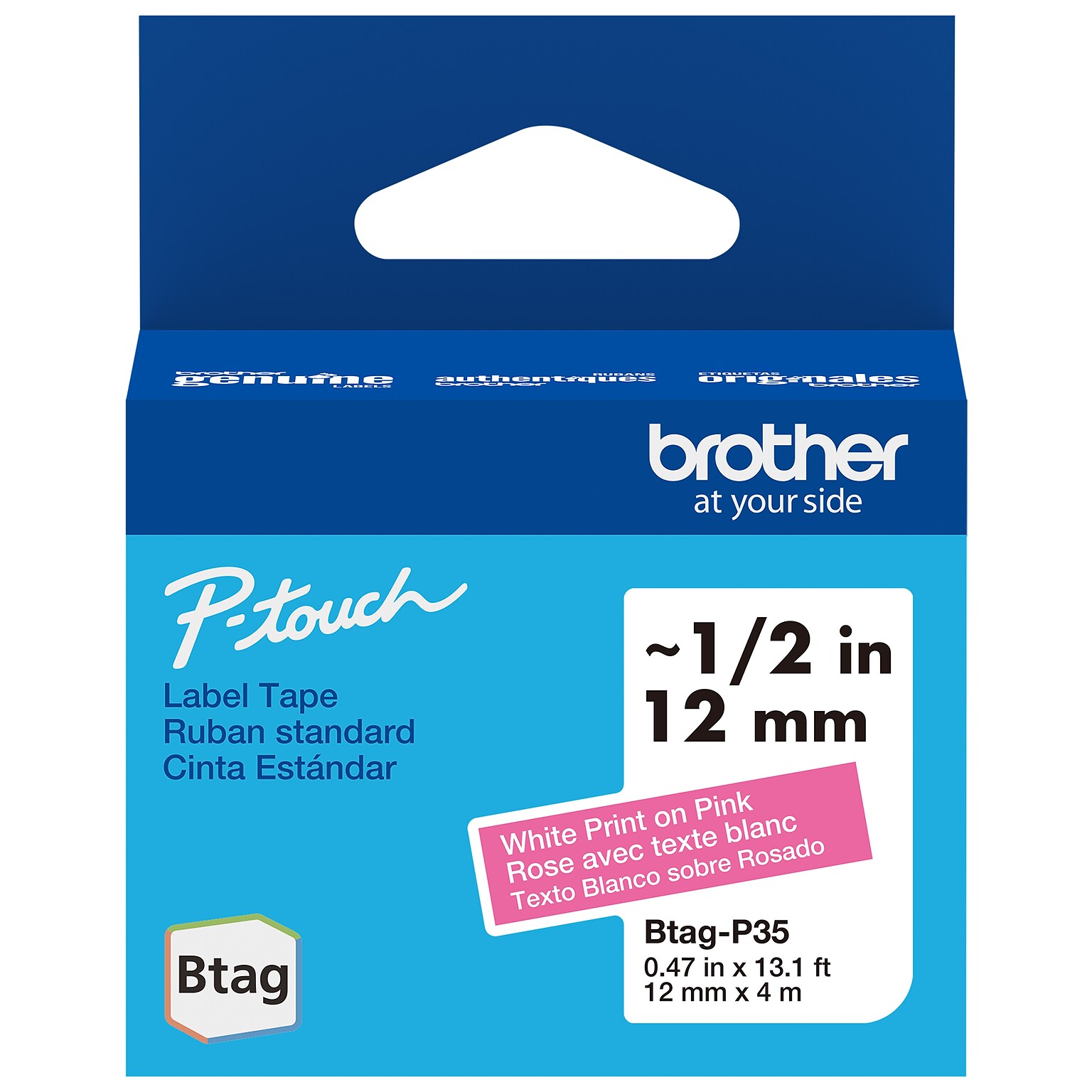 Brother P-touch Btag Label Tape, 1/2 x 13.1 (12mm x 4m), White on Pink (BTAGP35)