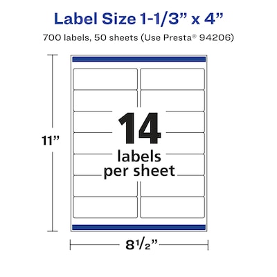 Avery Rectangle Laser/Inkjet Multipurpose Labels, 1-1/3" x 4", White, 700 Labels/Box (94206)