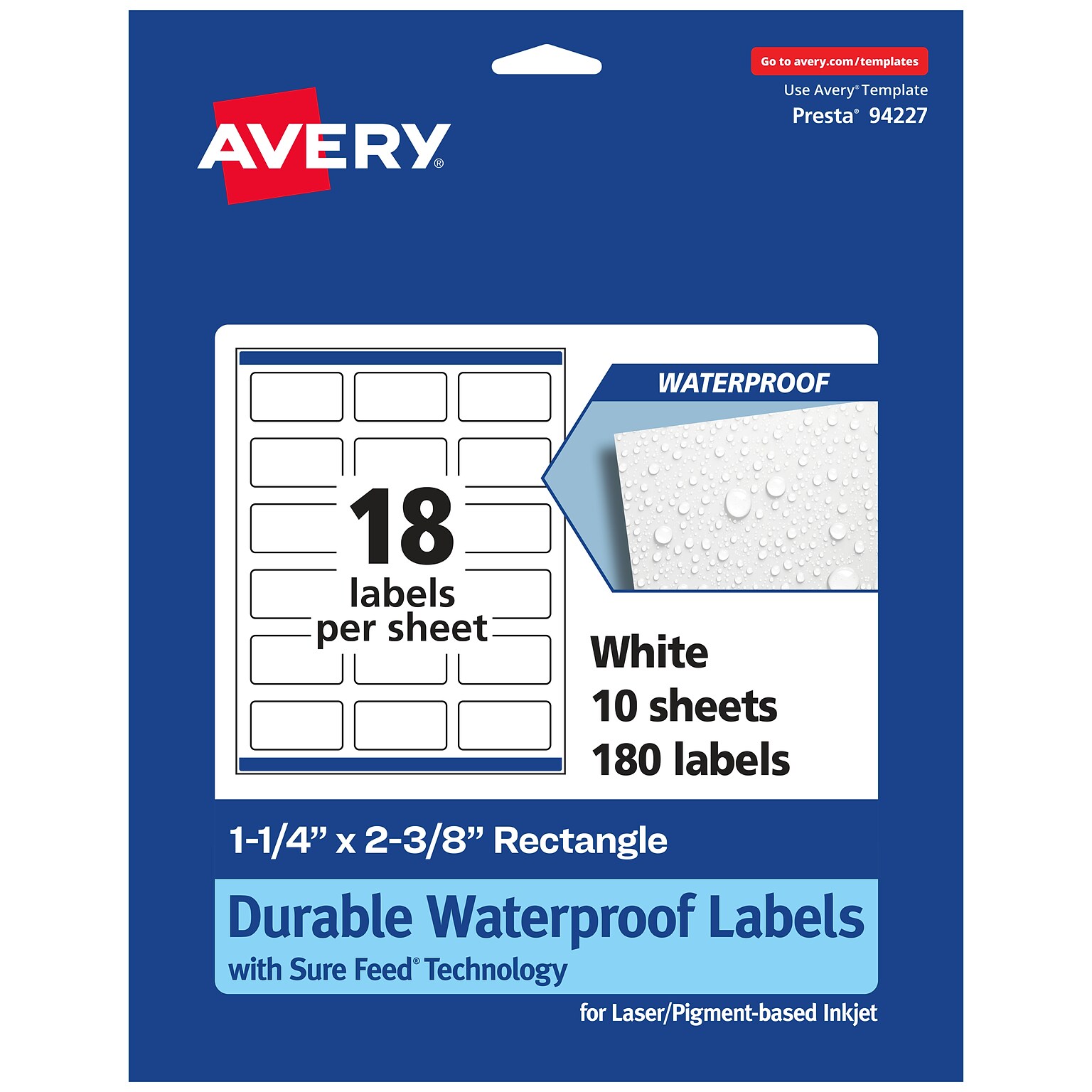 Avery Laser/Inkjet Waterproof Multipurpose Rectangle Labels, 1.25 x 2.375, White, 180 Labels/Pack (94227)