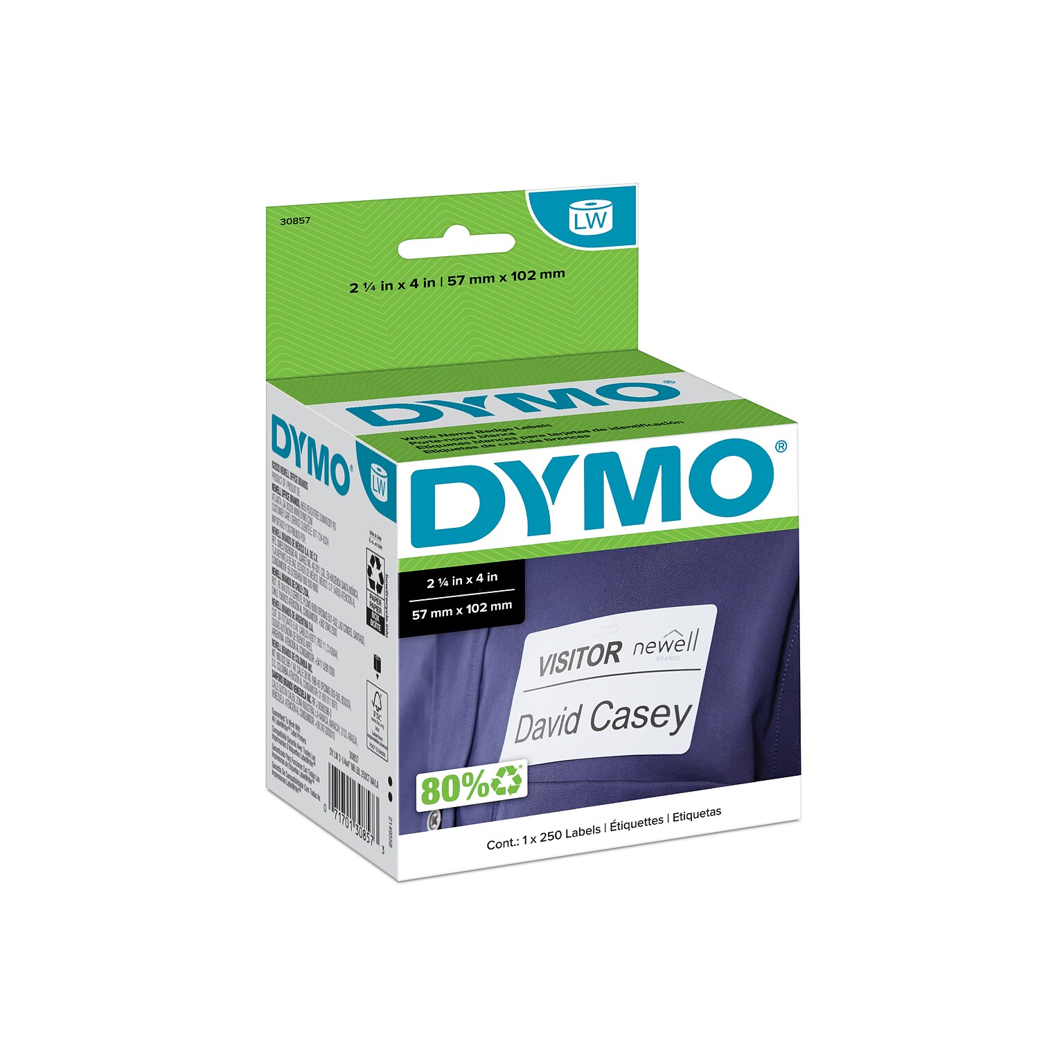 DYMO LabelWriter 30857 Name Badge Labels, 4 x 2-1/4, Black on White, 250 Labels/Roll (30857)