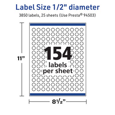 Avery TrueBlock Laser/Inkjet Round Multipurpose Labels, 0.5" Dia., White, 3850 Labels/Pack (94503)
