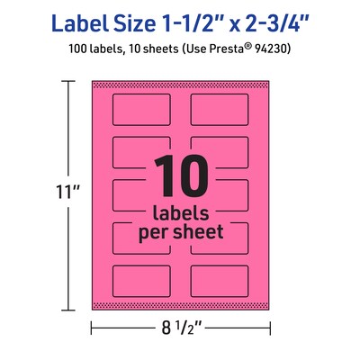 Avery Laser/Inkjet Rectangle Multipurpose Labels, 1.5" x 2.75", Bright Pink, 100/Pack (94230)