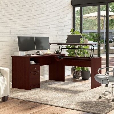 Bush Furniture Cabot 60"W 3 Position L Shaped Sit to Stand Desk, Harvest Cherry (CAB043HVC)